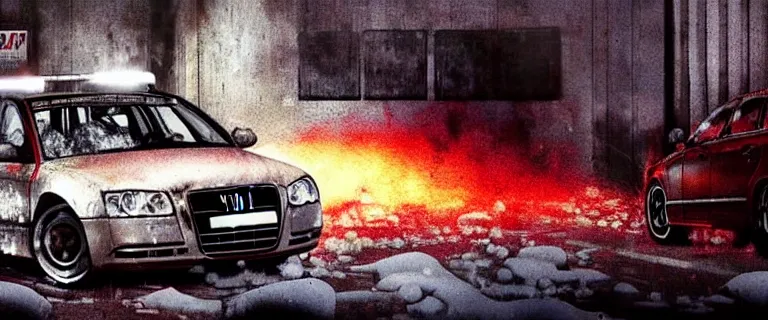 Prompt: Audi A4 B6 Avant (2002), a gritty neo-noir, dramatic lighting, cinematic, eerie person, death, homicide, homicide in the snow, viscera splattered, gunshots, bullet holes, establishing shot, extremely high detail, cracked windows, photorealistic, arson, burning car wreck, cinematic lighting, artstation, by simon stalenhag, Max Payne (PC) (2001) winter New York at night, In the style of Max Payne 1 graphic novel, flashing lights, Poets of the Fall - Late Goodbye