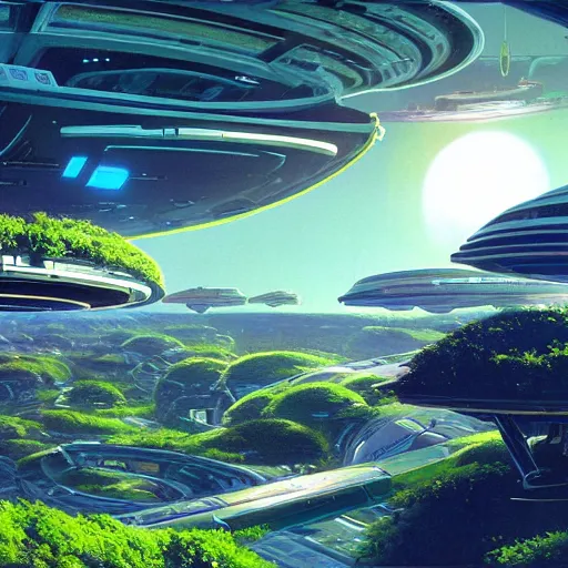 Prompt: beautiful matte painting of green gardens with roads on a futuristic sci-fi space station, cinematic angle, cinematic lighting, blue sky, spaceship hovering above, by Syd Mead, John Harris, Federico Pelat