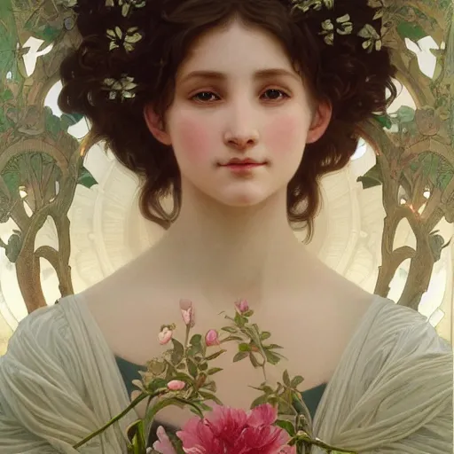 Image similar to a flower goddess, intricate, elegant, highly detailed, digital painting, artstation, concept art, smooth, sharp focus, illustration, art by artgerm and greg rutkowski and alphonse mucha and william - adolphe bouguereau and stephanie law