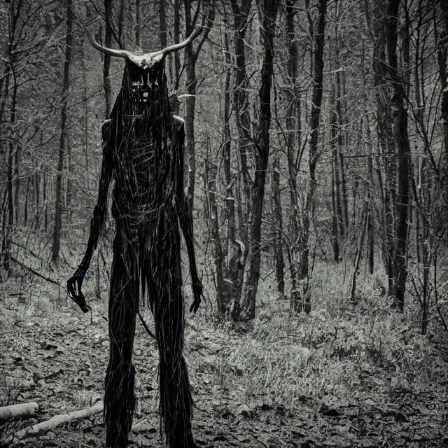Prompt: bloody wendigo in forest at night, night vision, shot from done, grainy