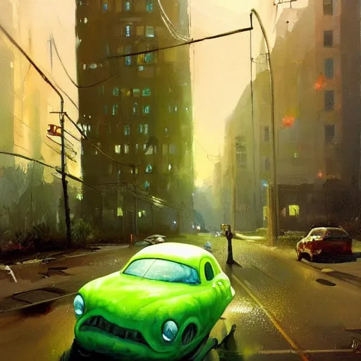 Image similar to the blob, a being of green ghostly ooze making its way through abandoned midnight streets, ray swanland, rhads,