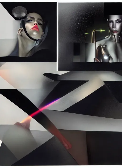 Image similar to futuristic lasers tracing, colorsmoke, leather fullbodysuit, pyramid hoodvisor, raindrops, wet, oiled, beautiful cyborg girl, by steven meisel, kaws, rolf armstrong, mondrian, kandinsky, perfect geometry abstract acrylic, octane hyperrealism photorealistic airbrush collage painting, dark monochrome, fluorescent colors, minimalist rule of thirds, eighties eros