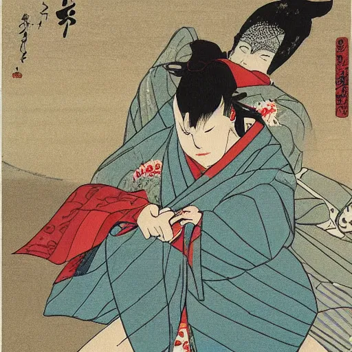 Image similar to Beautiful Japanese woman running from an old samurai on the beach Toshio Saeki, high detailed