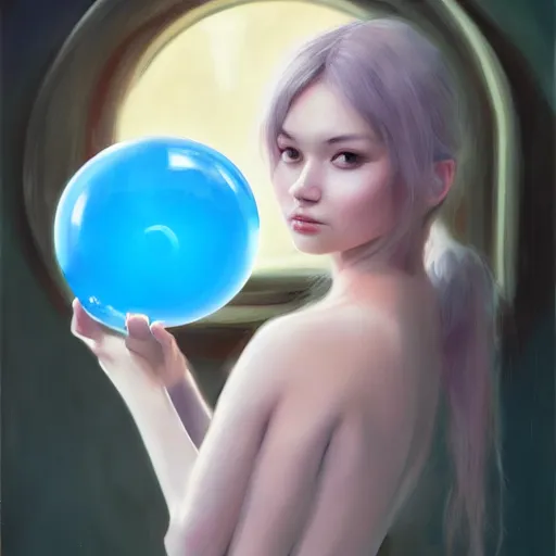 Image similar to cinematic portrait of cute Mew holding onto large blue bubble, oil on canvas, masterpiece, trending on artstation, featured on pixiv, cinematic composition, dramatic pose, beautiful lighting, sharp, details, hyper-detailed, HD, HDR, 4K, 8K