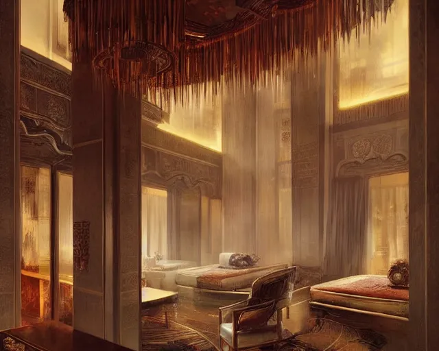 Prompt: a luxury hotel! suite room in the style of imperial! china! qin!, art by greg rutkowski and artgerma, stunning! concept art, interior! design