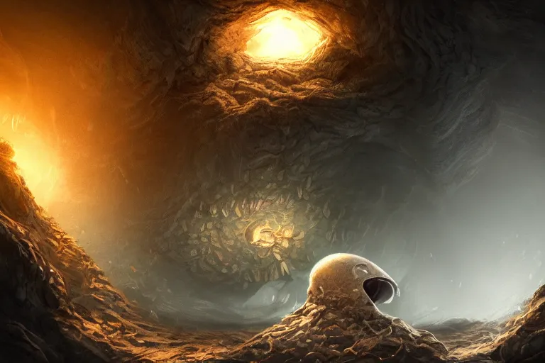 Image similar to a monster emerging from a dark egg in a cave, digital painting, trending on artstation, deviantart, 8k, epic composition, intrinsic details, AAA graphics