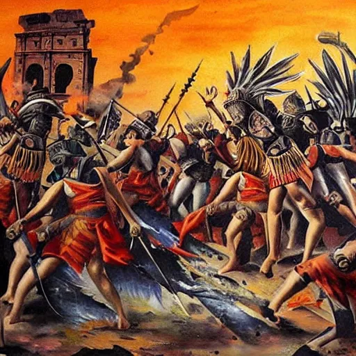 Prompt: aztecs destroy rome, epic painting