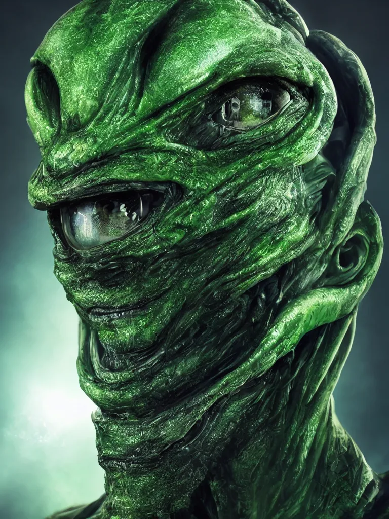 Image similar to selfie of a man, green skin, studio photoshot, 2 eyes, ( ( alien ) ), cinematic, cosmic background, high quality, cgsociety, artgerm, 4 k, uhd, 5 0 mm, trending on artstation