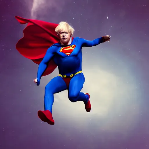 Prompt: boris johnson flying through the cosmos, boris flying very fast, superman pose , 8k computer render, unreal engine, bright, vibrant colors, ultra realistic, crispy 8k resultion