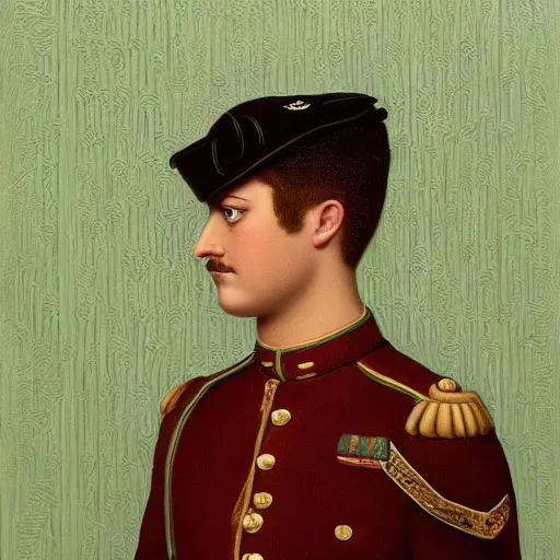 Prompt: kermit the frog : : framed : : fancy portrait : : decorated military uniform : : 8 k, highly detailed, clean lines, line work, intricate : : painting by john william godward