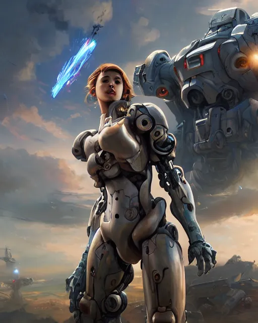 Image similar to daniel gerhartz and artgerm portrait digital rococo painting of a beautiful woman wearing a mecha suit, battlefield in the background, unreal engine, hyper realism, realistic shading, cinematic composition, blender render, octane render, hdr, detailed textures, photorealistic, ultrawide shot, 3 5 mm film