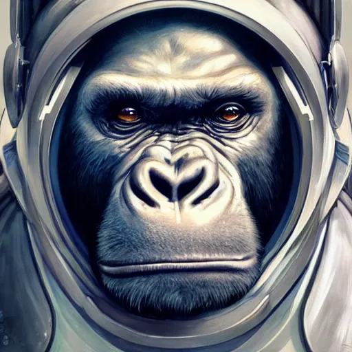 Image similar to detailed science - fiction character portrait of a silverback gorilla wearing a white armored space suit, intricate, wild, highly detailed, digital painting, artstation, concept art, smooth, sharp focus, illustration, art by artgerm and greg rutkowski and alphonse mucha