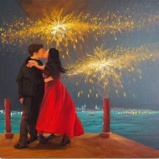 Image similar to an oil painting of couple kissing, in a background fireworks in venice