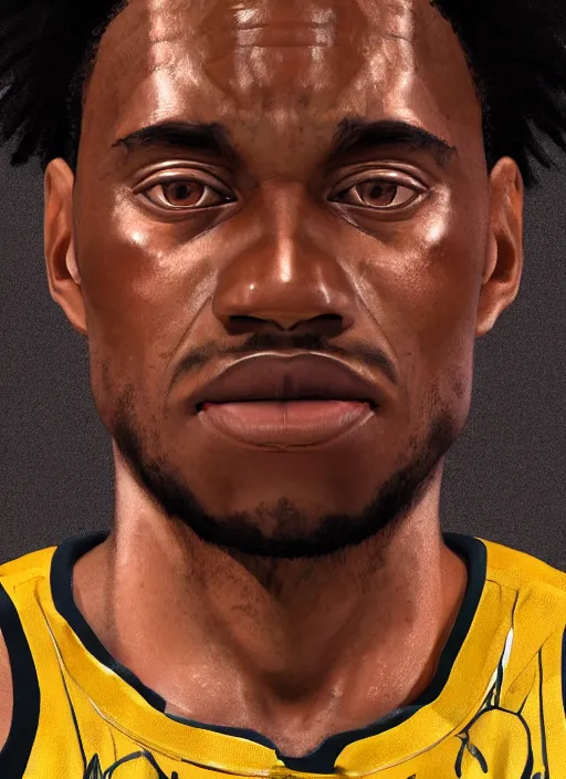 Prompt: a close up portrait of an african american nba basketball player, evangelion, au naturel, hyper detailed, digital art, trending on artstation, cinematic lighting, studio quality, smooth render, unreal engine 5 rendered, octane rendered, art style by klimt and nixeu and ian sprigger and wlop and krenz cushart