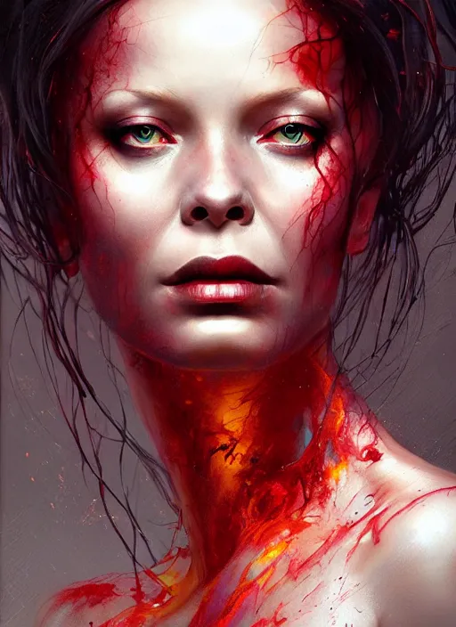 Prompt: rebecca ferguson painting, highly detailed, demonic eyes, cinematic, 8 k, by stanley artgerm, tom bagshaw, greg rutkowski, carne griffiths, ayami kojima, beksinski, trending on deviantart, hyper - detailed, horror, full of color,