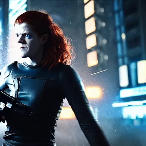 Image similar to rose leslie starring in a cyberpunk movie in a distopic futuristic city in the style of bladerunner, wearing a cropped black tank top, black shorts and black boots, firing a gun, muzzle flash, movie still, highly detailed, rainy night, volumetric lights, dramatic, scifi, sharp focus