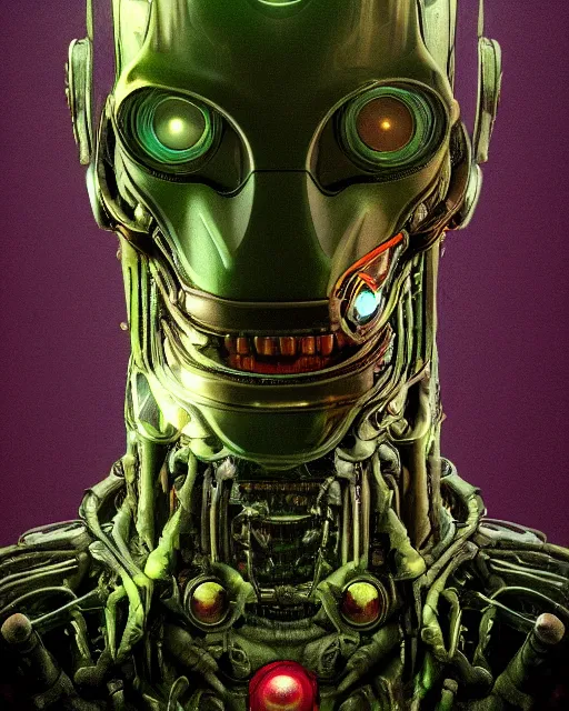 Image similar to portrait of a green ultron from age of ultron, clockwork steampunk, dieselpunk, head and chest only, by beksinski, 4 k, deviantart, 3 d unreal engine, trending on artstation