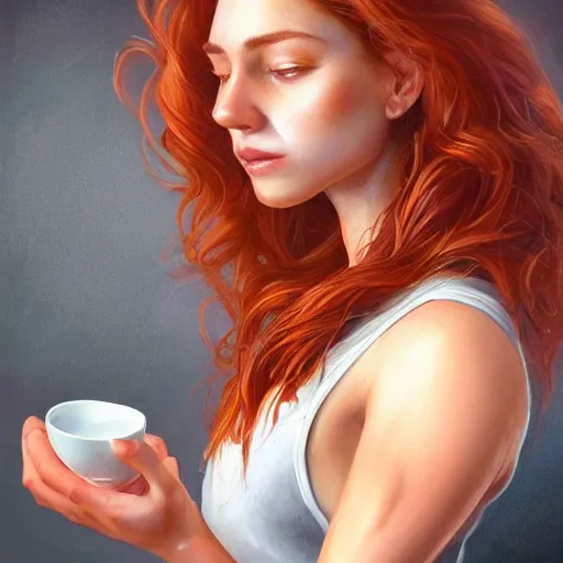 Image similar to an waitress with short sleeves holding coffee, muscular, sweaty skin, goddess, flowing red hair, wet, perfectly-centered-Portrait of a most beautiful woman it the world, intricate, highly detailed, digital painting, artstation, concept art, smooth, sharp focus, illustration, Unreal Engine 5, 8K, art by artgerm and greg rutkowski and alphonse mucha