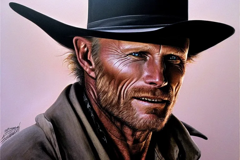 Image similar to poster portrait of ed harris as a black hat cowboy in silverado ( 1 9 8 5 ). oil painting elegant, highly detailed, centered, digital painting, artstation, concept art, smooth, sharp focus, illustration, artgerm, tomasz alen kopera, peter mohrbacher, donato giancola, joseph christian leyendecker drew struzan