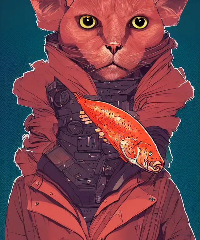 Image similar to a portrait of an anthropomorphic cyberpunk cat holding a salmon, fantasy, elegant, digital painting, artstation, concept art, matte, sharp focus, illustration, art by josan gonzalez