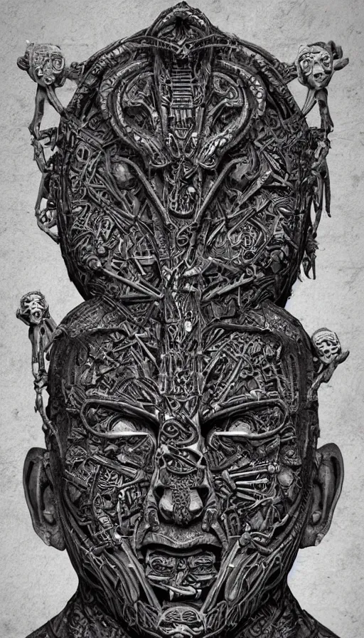 Image similar to ancient biomechanical hybrid aztec fantasy human face mask tattoo pattern concept, teonanacatl glyph, intricate artwork by, Alex Grey, Artgerm, H.R. Giger, very coherent artwork, cinematic, hyper realism, high detail, octane render, unreal engine, 8k, High contrast, higly detailed black ink outline