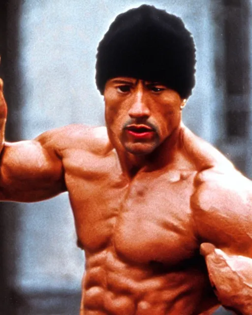 Image similar to Film still close-up shot of Dwayne Johnson as Rocky Balboa from the movie Rocky. Photographic, photography