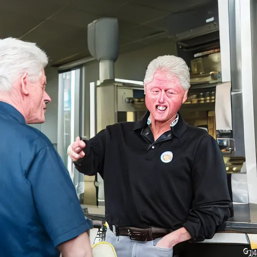 Image similar to first picture of bill clinton cameo as a mcdonald's worker in new movie, ( eos 5 ds r, iso 1 0 0, f / 8, 1 / 1 2 5, 8 4 mm, postprocessed, crisp face, facial features )