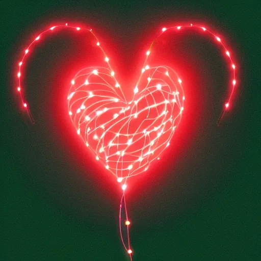 Prompt: a glowing red heart connected to dark green strings with a black background, digital art