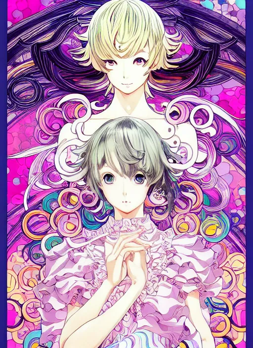 Image similar to manga poster of persona, rococo ruffles dress, pastel rainbow, pearlescent, shimmering, reflective, rim light, detailed background, by shigenori soejima. takeshi obata, minaba hideo, shigenori soejima, alphonse mucha, illustration,, artstation, pivix, concept art, highly detailed, colorful, maximalist