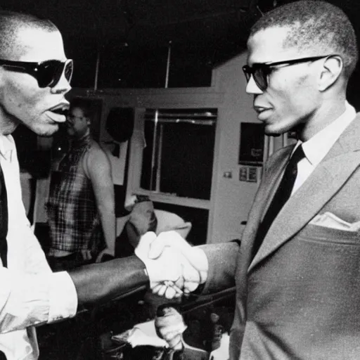 Prompt: vintage photograph of hunter s. thompson and malcolm x shaking hands with each other, very detailed, very intricate,