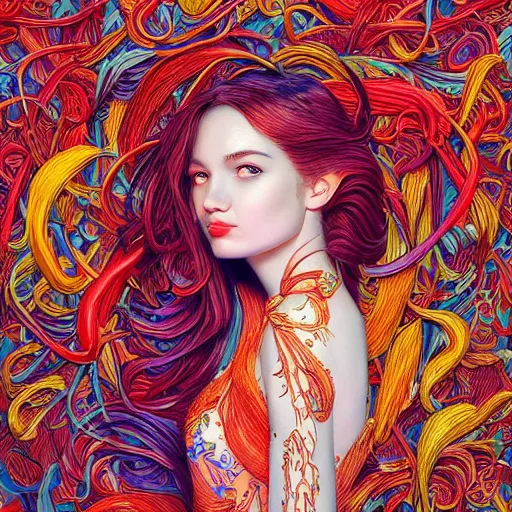 Image similar to the portrait of a beautiful and elegant young woman made up of peppers, an ultrafine detailed illustration by james jean, intricate linework, bright colors, final fantasy, behance contest winner, vanitas, angular, altermodern, unreal engine 5 highly rendered, global illumination, radiant light, detailed and intricate environment