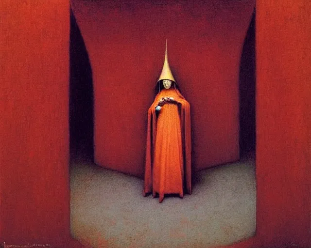 Image similar to devotion to the scarlet woman, priestess in a conical hat, coronation, ritual, sacrament, by francis bacon, beksinski, mystical redscale photography evocative, luxury, opulence, maximalism