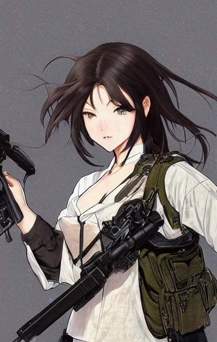 Image similar to infantry girl, anime style, symmetrical facial features long hair, hair down, under heavy fire, smoke explosions, visual novel character sheet, hyper realistic, pale skin, rule of thirds, extreme detail, 4 k, detailed drawing, trending artstation, realistic lighting, by alphonse mucha, greg rutkowski, sharp focus, backlit, combat vest