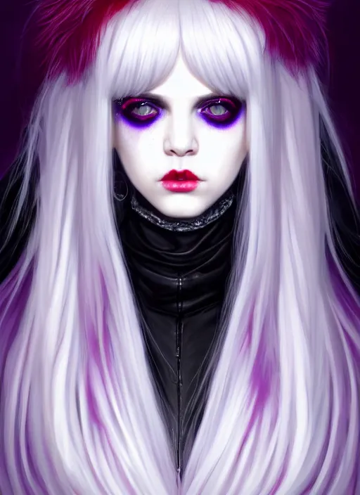 Image similar to portrait of white teenage girl, normal face, white bangs, mall goth, cyberlox, black and white hair, bangs, fluffy bangs, red contact lenses, purple lipstick, intricate, elegant, highly detailed, digital painting, artstation, concept art, sharp focus, smooth, illustration, art by wlop, mars ravelo and greg rutkowski