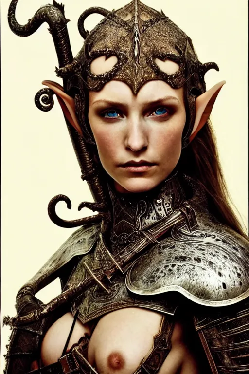 Prompt: head and shoulders portrait of an eldritch knight, elf, beautiful, female, breastplate, magical, high fantasy, d & d, by annie liebovitz, face details, extremely detailed, vogue fashion photo