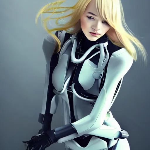 Prompt: a beautiful woman wearing a futuristic exoskeleton, blonde, long hair, pixiv, hyperrealistic