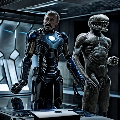 Prompt: prometheus movie still frame by giger, onyx and alabaster cyclops mcu ironman