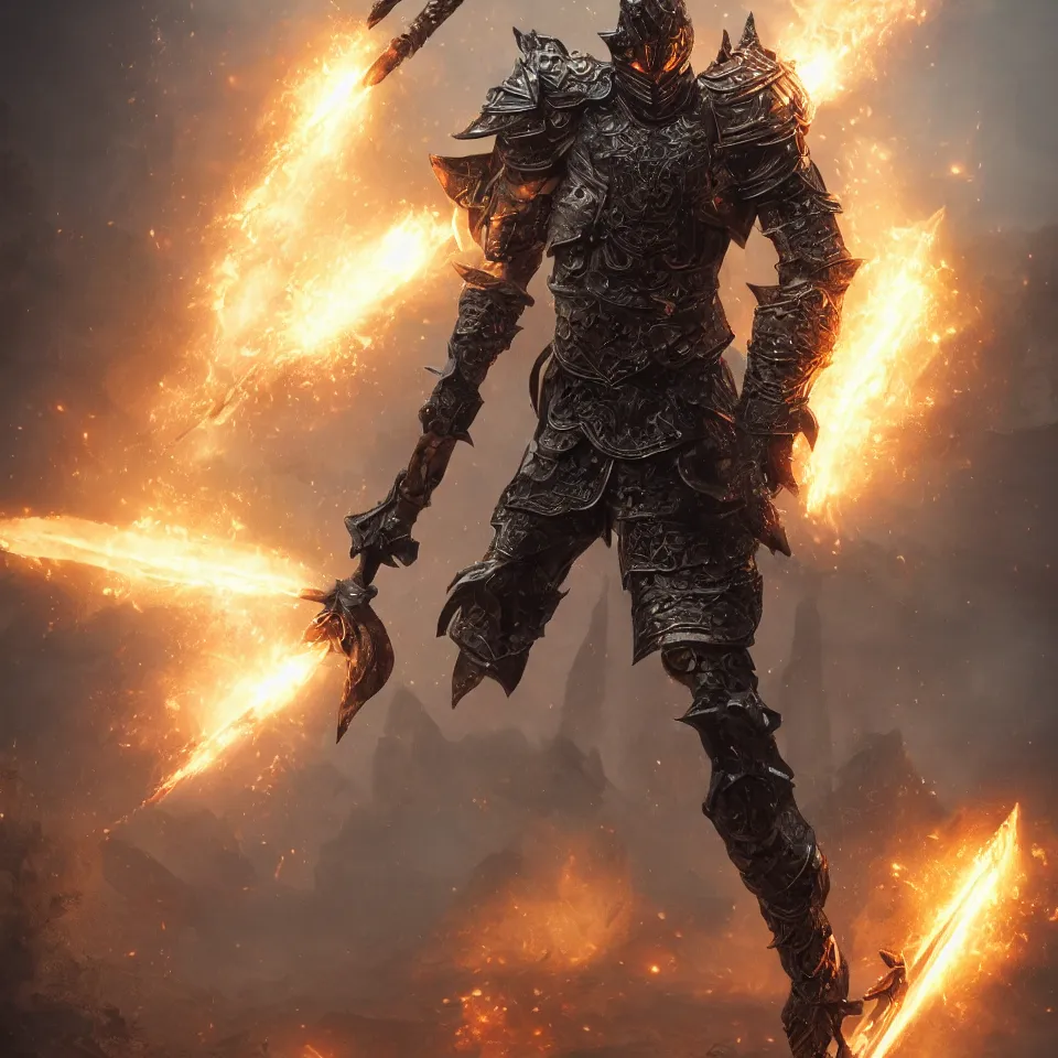 Image similar to photo full-body-shot of ONE brutal Warrior, wearing intricate steel armor, sharp focus, holding magical fiery battle-axe, magical aura, heroic pose, fantasy style, octane render, volumetric lighting, 8k high definition, by greg rutkowski, highly detailed, trending on ArtStation, magical Battlefield background, centered