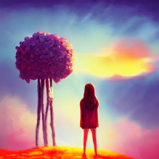 Image similar to closeup, giant flower head, girl standing on cliff, surreal photography, sunrise, blue sky, dramatic light, impressionist painting, digital painting, artstation, simon stalenhag