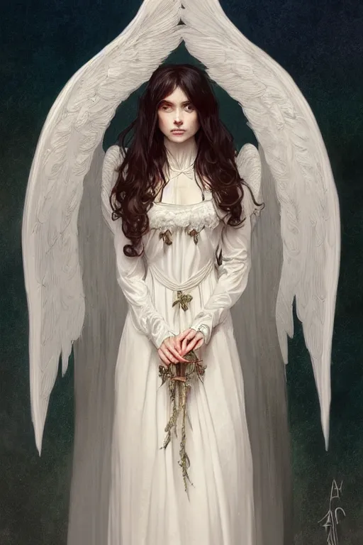 Image similar to angel dressed in a victorian roses white dress fashion, D&D, fantasy, intricate, elegant, highly detailed, digital painting, artstation, concept art, matte, sharp focus, illustration, art by Artgerm and Greg Rutkowski and Alphonse Mucha