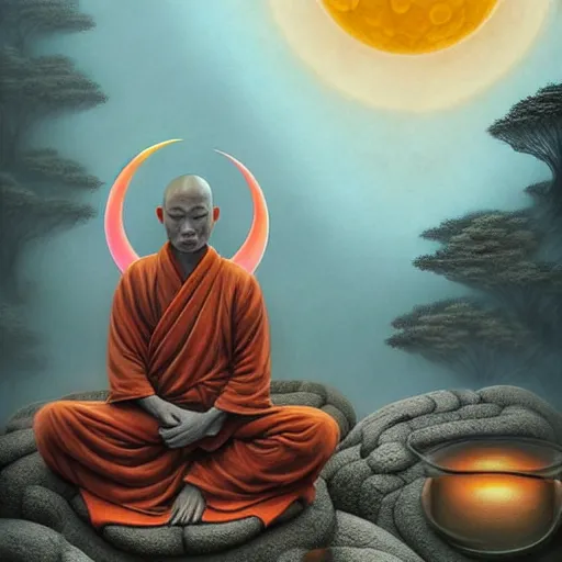 Prompt: an anthromorphic wolf dressed like a shaolin monk meditating in a zen garden with a waterfall under the blood moon, by Adi granov and afarin sajedi and amanda sage and evgeni gordiets and Agostino Arrivabene and adonna khare in a psychedelic portrait style, ultrarealistic matte painting, volumetric lighting, fractal, extremely symmetrical, highly detailed face, orisha, 8k, hd