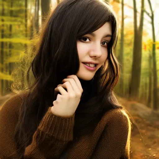 Image similar to real life photo of a beautiful girl, full body photo shoot, long black hair, brown eyes, full round face, short smile, brown sweater, forest setting, cinematic lightning, medium shot, mid - shot, highly detailed, trending on artstation, unreal engine 4 k, 8 0 mm, 8 5 mm, cinematic wallpaper