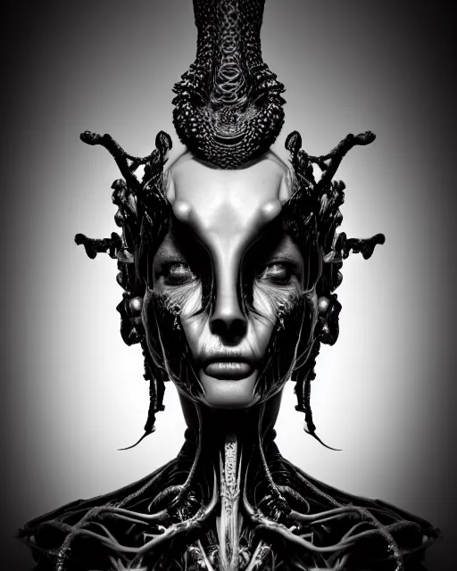Image similar to a black and white high quality photo of a young beautiful female queen-dragon-cyborg bust with a very long neck and Mandelbrot fractal face, Mandelbrot fractal skin, flesh, anatomical, facial muscles, veins, arteries, elegant, highly detailed, flesh highly baroque ornate, hair are wired cables, elegant, high fashion, rim light, octane render, in the style of Diane Arbus, Realistic, Refined, Digital Art, Highly Detailed, Cinematic Lighting, rim light, black and white, photo-realistic, 8K