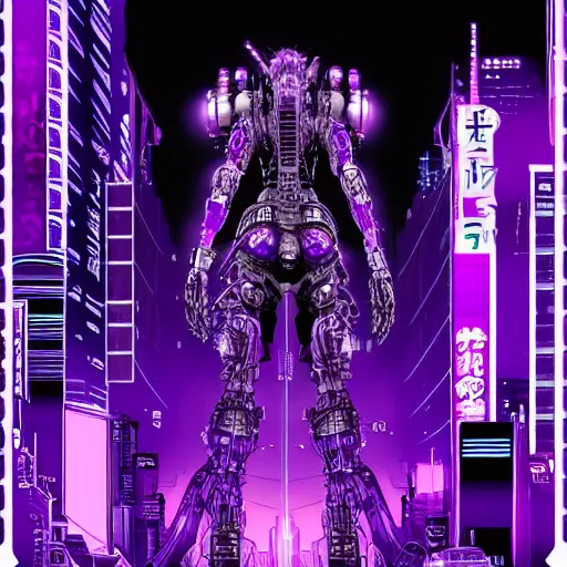 Image similar to Giant Purple Amethyst in cyberpunk neon Tokyo in style of Tsutomu Nihei. Cyberpunk, vertical symmetry, 8K, Highly Detailed, Intricate.