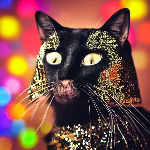 Prompt: a high - quality photo of a cat wearing a sequined designer cloak, hyperrealistic, textured, animal portrait, dark ( ( rainbow ) ), bokeh, f 2. 8