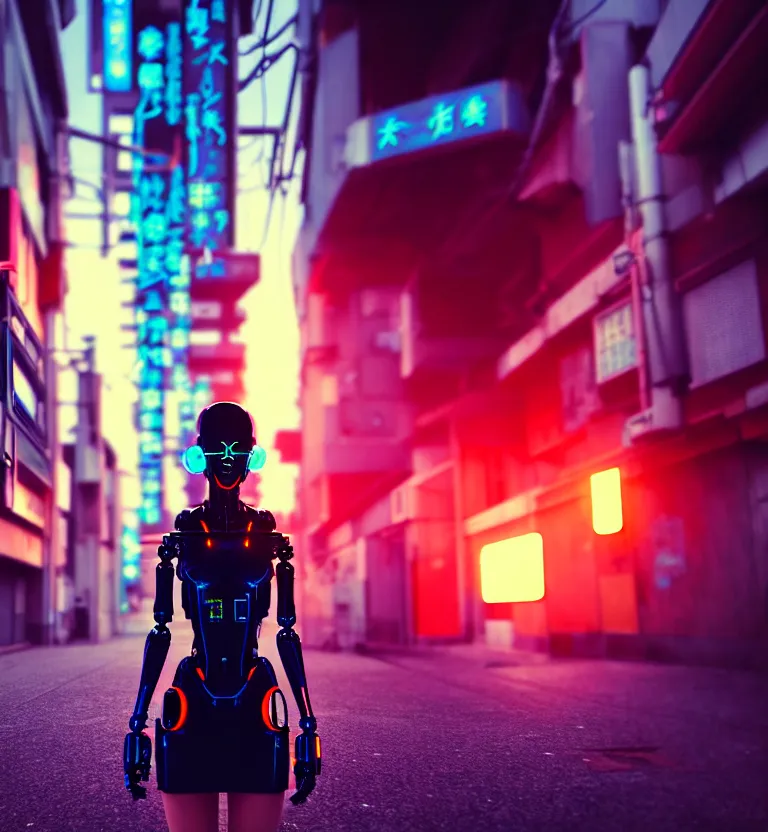 Prompt: a photo close up cyberpunk half robot half girl stands in a cyberpunk hiroshima, prefecture streets, sunset, photorealistic, cinematic lighting, very detailed, style by tomino - sama