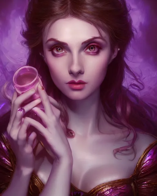 Prompt: Amouranth writing on herself, accurate details, detailed face, purple liquid in cup glowing, fantasy, dramatic, intricate, elegant, highly detailed, digital painting, artstation, concept art, smooth, sharp focus, illustration, art by Gustave Dore, octane render