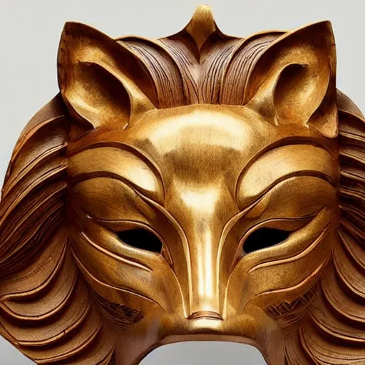 Image similar to a beautiful kitsune mask carved in wood with some gold leaf accents, made by tiffany & co