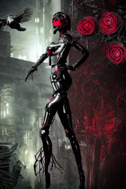 Image similar to full-body cyberpunk style sculpture of a young beautiful dark priestess, half android with a head opening exposing circuitry, glowing red eyes, black roses, flowing blood red colored silk, fabric, candles. baroque elements, human skull. full-length view. baroque element. intricate artwork by caravaggio. crows flying in background. Trending on artstation. octane render. cinematic lighting from the right, hyper realism, octane render, 8k, depth of field, 3D