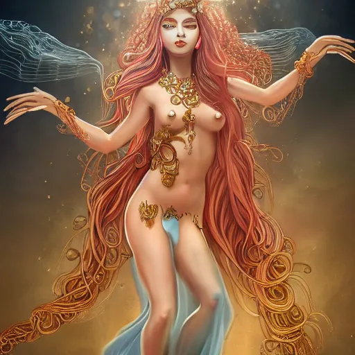 Image similar to Full body photo of the most beautiful goddess, she has a jellyfish-phoenix head's and a siren body, some tentacles are on her body, she flying to heaven through the clouds, she is swimming with some chrysaora hysoscella, there is smoke behid her, by Tooth Wu, trending on Artstation, digital art, symmetrical artwork, cinematic, hyper realism, high detail, octane render, 4k, 8k